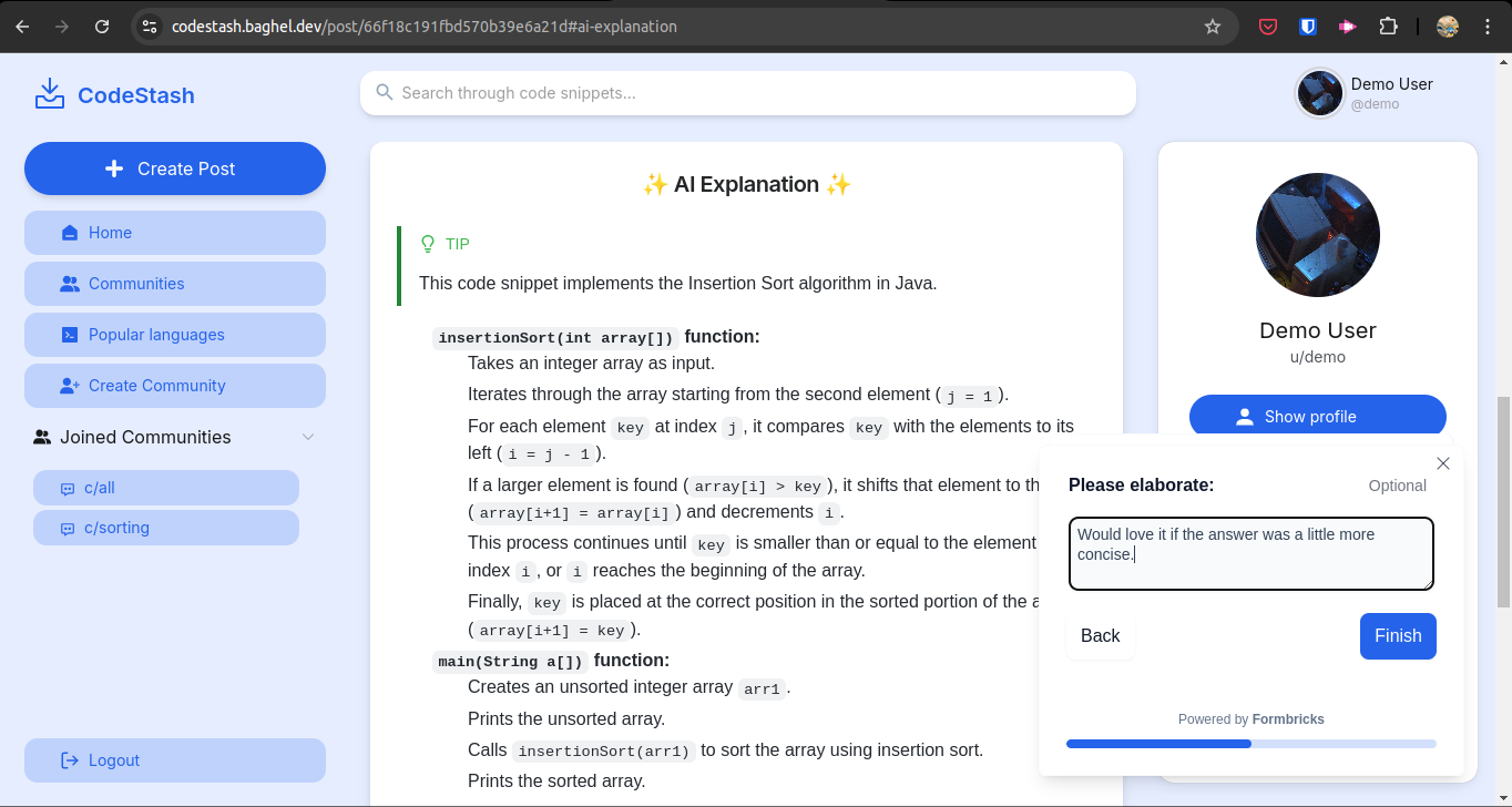 Screenshot of Formbricks integrated in CodeStash